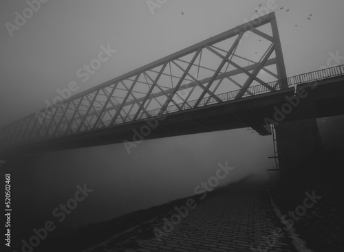 Silhouette of the bridge over river on misty autumn day