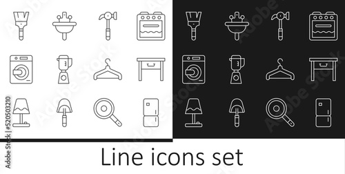 Set line Refrigerator, Furniture nightstand, Hammer, Blender, Washer, Paint brush, Hanger wardrobe and Washbasin icon. Vector
