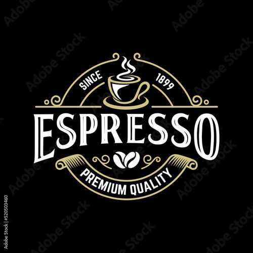 Vintage Coffee logo template. Caffeine logotype. Retro vintage insignia. Retro coffee badge. Vector illustration