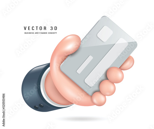 Hand of a businessman in a dark suit is holding an ID or credit card,vector 3d isolated on white background with minimalist style cute cartoon style for business and financial concept design