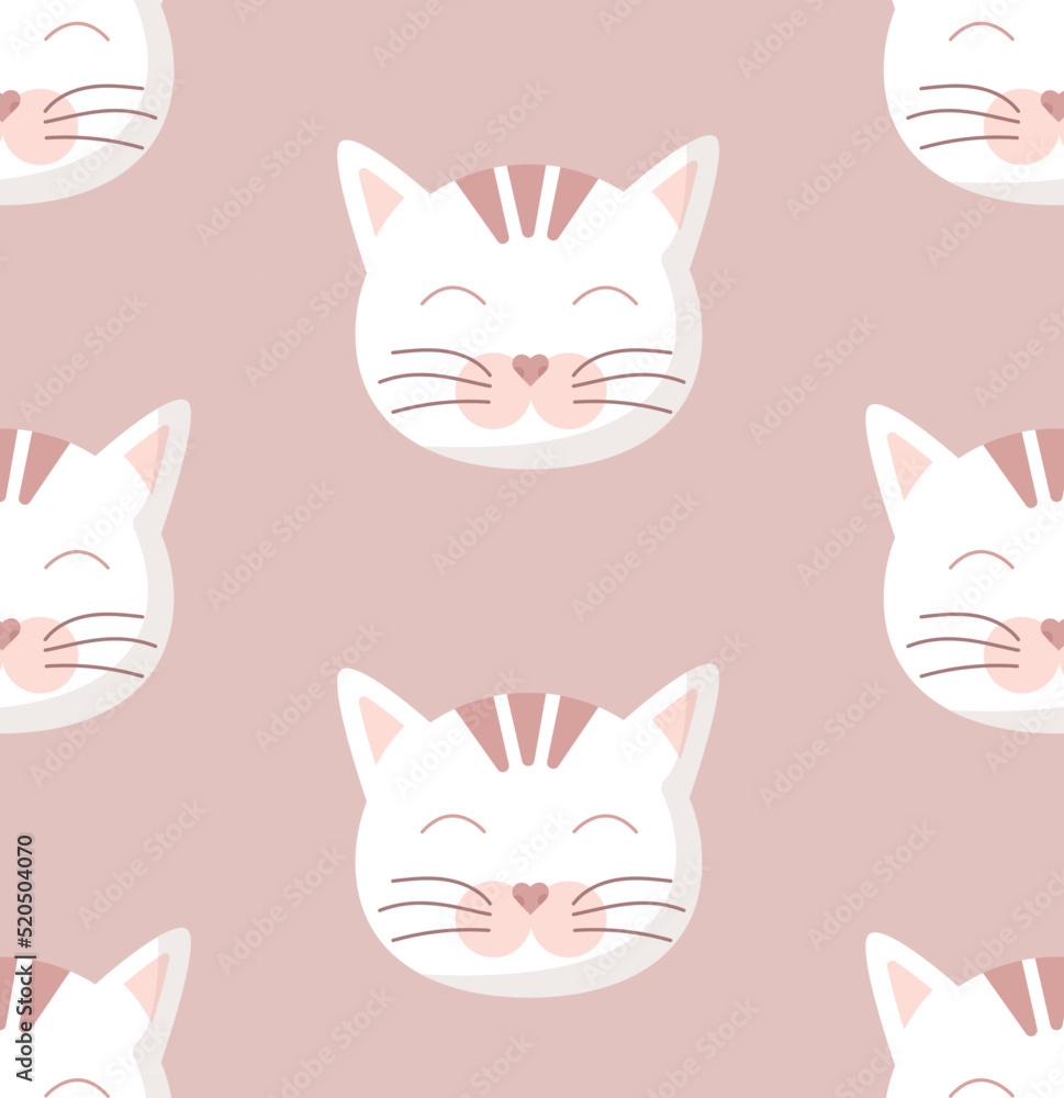 Cute fluffy cat seamless pattern, kitten muzzle. Cartoon doodle vector illustration. Kid, girl texture, background, wallpapers, ornament. Childish design of wrapping paper, fabric, textile, print