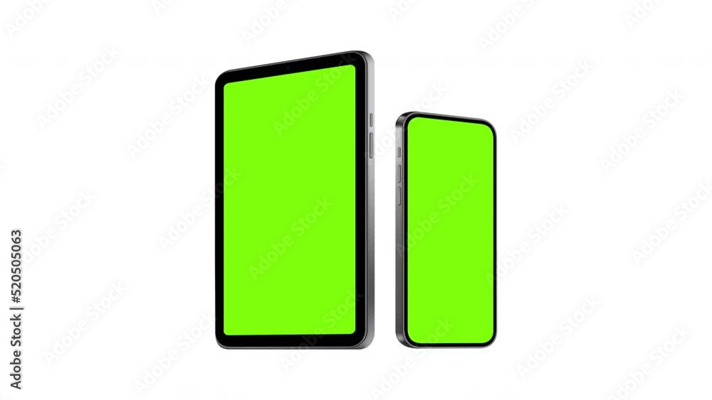 Animated Tablet and Phone Mockups With Green Screens, Side View, Isolated on White Background Animated Tablet and Phone Mockups With Green Screens, Side View, Isolated on White Background