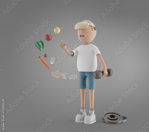 3D character senior man in VR goggle holding dummbell