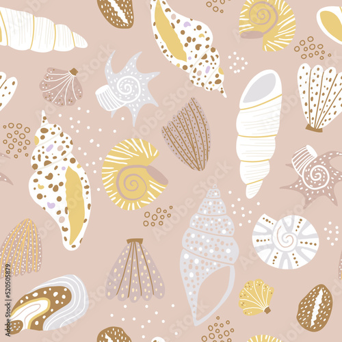 Seamless pattern with sandy hand drawn seashells. Creative marine texture. Great for fabric, textile Vector Illustration