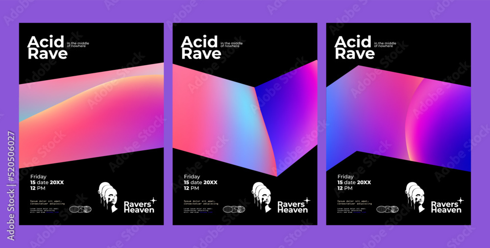 Acid rave party or music festival flyer or poster design template with ...