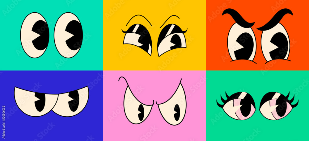 Cartoon vintage character comic eyes emotions set isolated on bright  colored backgrounds. Vector illustration Stock Vector | Adobe Stock