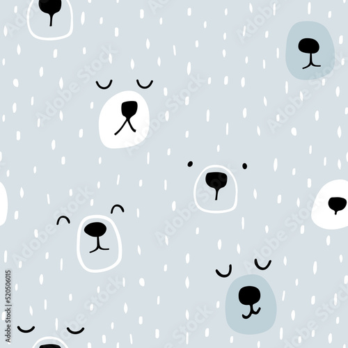 Seamless childish pattern with cute boy bear faces. Brush stroke texture. Great for fabric, textile, apparel. Vector illustration