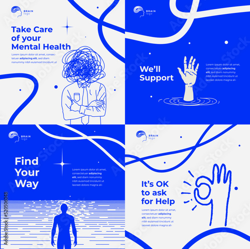 Mental Health help post set collection for social network or website for psychologist or psychology or self development blog. Vector illustration