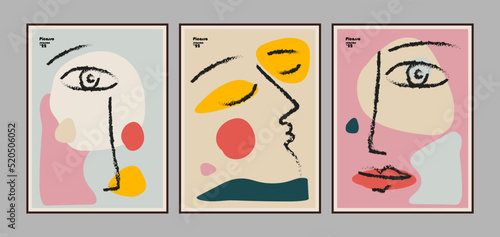 Set of abstract decorative painting posters or cards with human faces and abstract colorful geometric shapes. Vector illustration