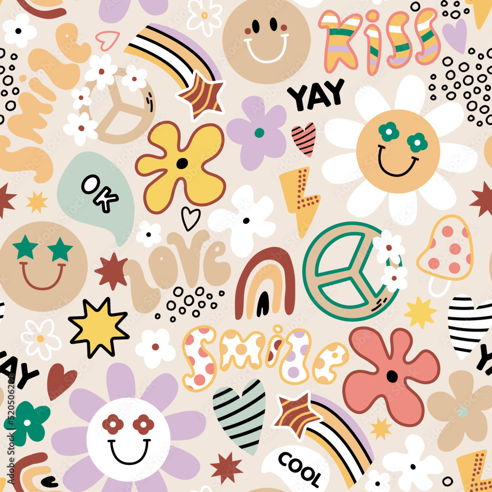 Groovy seamless pattern with flowers, rainbow, peace sign. Retro style texture. Vector illustration