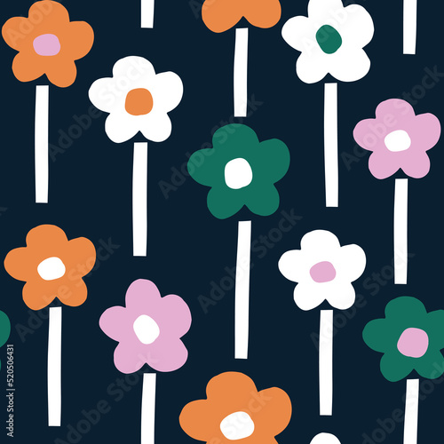 Seamless pattern with retro style bold flowers. Trendy minimalostic vintage floral texture. Vector illustration