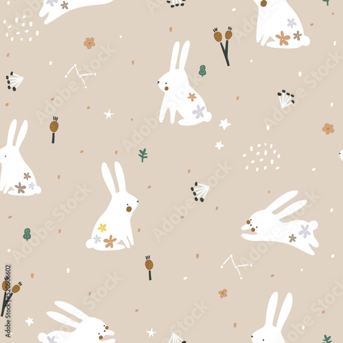 Seamless childish pattern with cute hand drawn rabbits and botanical elemnts. Creative kids hand drawn texture for fabric, wrapping, textile, wallpaper, apparel. Vector illustration