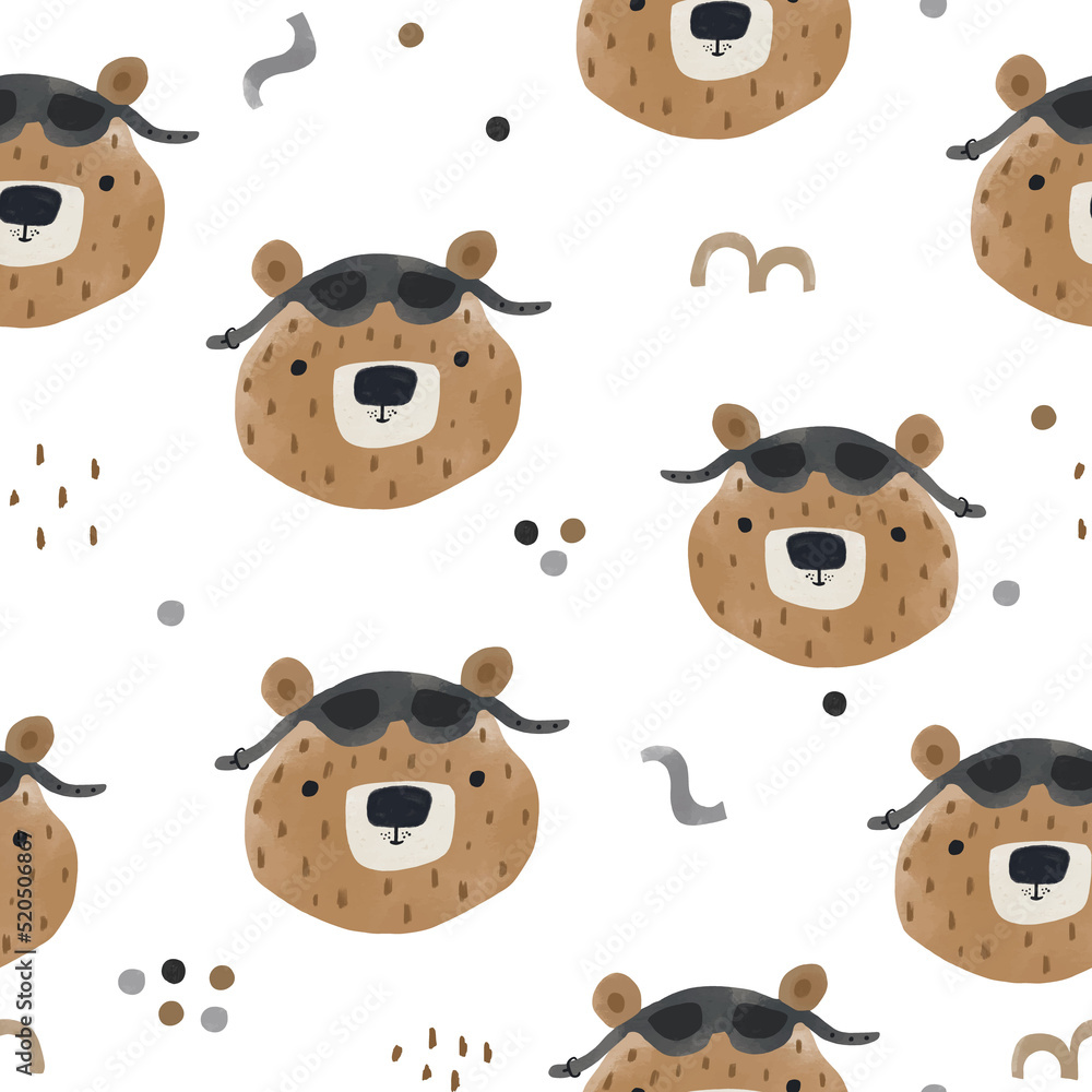 Funny bear pilot watercolour seamless pattern. Childish  texture with cartoon bear.