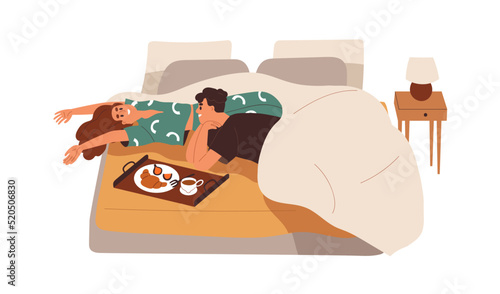 Love couple with breakfast in bed. Happy romantic man and woman lying together with coffee and croissant served on tray late in morning. Flat vector illustration isolated on white background