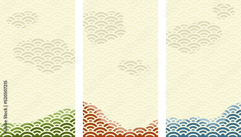 Illustration vector graphic of abstract Hills lanscape and sky. Japan art style with different color tone and cloud. Good for wallpaper or background, fabric print, decoration, etc.