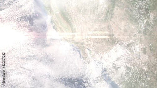 Earth zoom in from outer space to city. Zooming on Rancho Cucamonga, California, USA. The animation continues by zoom out through clouds and atmosphere into space. Images from NASA