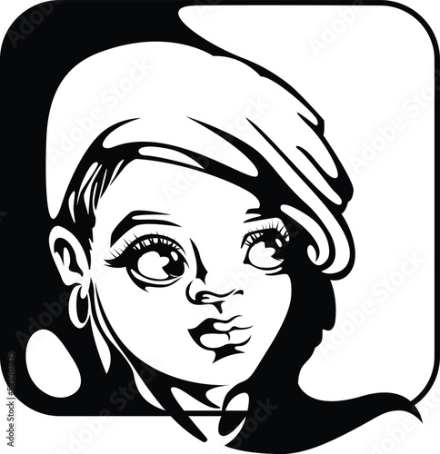 Monochrome image. Beautiful girl in a headdress. The girl's gaze is directed to the side. Around the square frame.