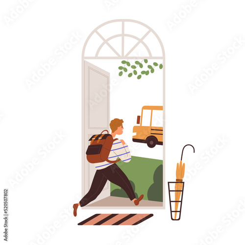 Child leaving home, going to school. Boy kid student with backpack leaves open house door, exit, walking to bus. Happy schoolchild with schoolbag. Flat vector illustration isolated on white background
