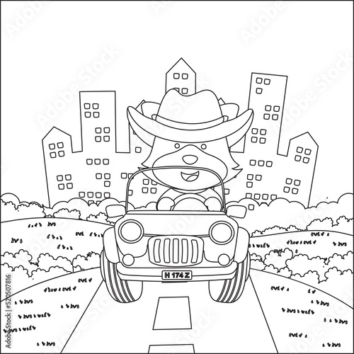 Cute little fox cartoon having fun driving off road car on sunny day. Cartoon isolated vector illustration, Creative vector Childish design for kids activity colouring book or page.