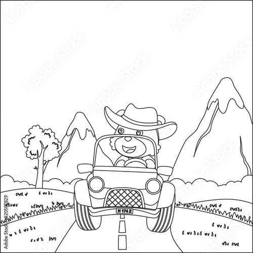 Cute little fox cartoon having fun driving off road car on sunny day. Cartoon isolated vector illustration, Creative vector Childish design for kids activity colouring book or page.