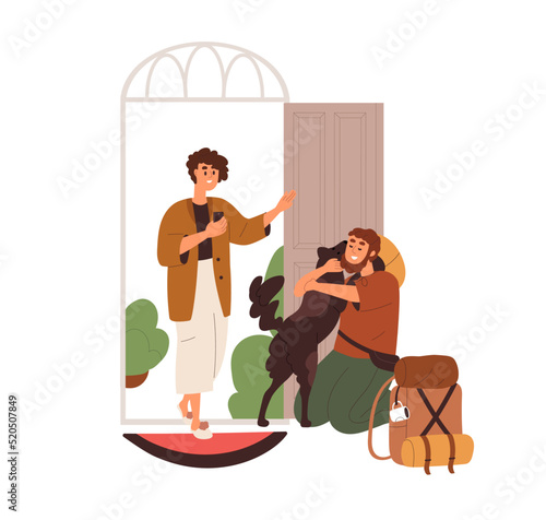 Happy person and cute dog hugging after separation. Man and woman couple pet owners returning, coming back home, opening door, meeting doggy. Flat vector illustration isolated on white background