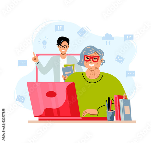 Aged female person is using laptop for learning. Online education, home schooling, active lifestyle and technology using concepts. Flat cartoon style vector illustration.