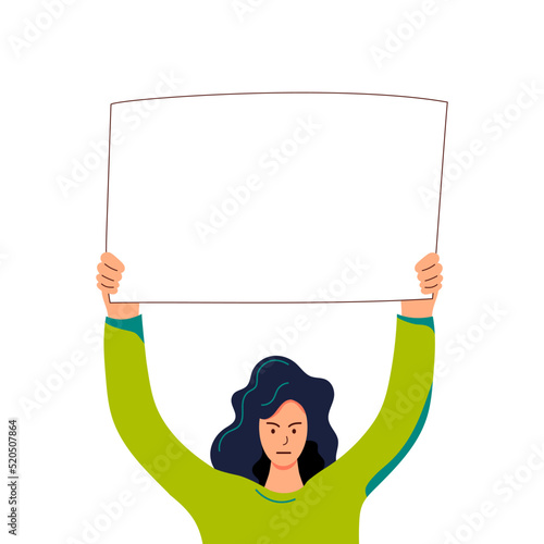 Female person is holding banner for text. Vector illustration on white background.