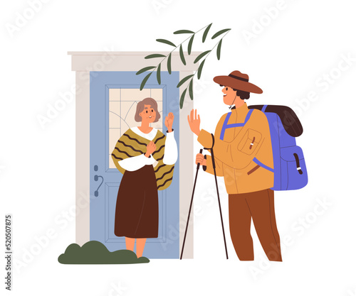 Mother sees adult son off. Man hiker going hiking, trekking on holiday, leaving home, waving with hand to old parent, standing on porch of house. Flat vector illustration isolated on white background