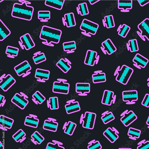 Line Vegan food diet icon isolated seamless pattern on black background. Organic, bio, eco symbol. Vegan, no meat, lactose free, healthy, fresh and nonviolent food. Vector
