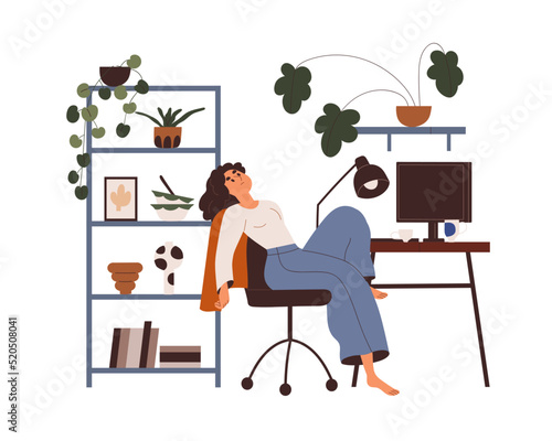 Lazy tired woman at computer desk at home. Apathy, burnout and procrastination concept. Depressed sluggish exhausted unmotivated unhappy person. Flat vector illustration isolated on white background