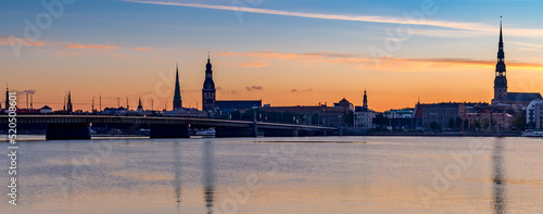 Panoramic view on historical district of old Riga city - the capital of Latvia and famous Baltic city widely known among tourists due to its unique medieval and Gothic architecture