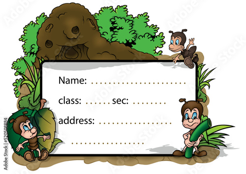 School Label with Three Ants and Background with Anthill and Plants - Colored Cartoon Illustration Isolated on White Background, Vector
