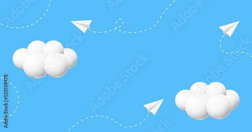 Paper planes in sky with clouds. Childhood background. Freedom.