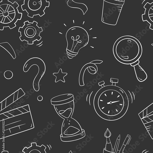 Quiz seamless pattern in doodle style, vector illustration. Back to school concept, stationery symbols on chalk board background. Pattern hand drawn for print and game quiz