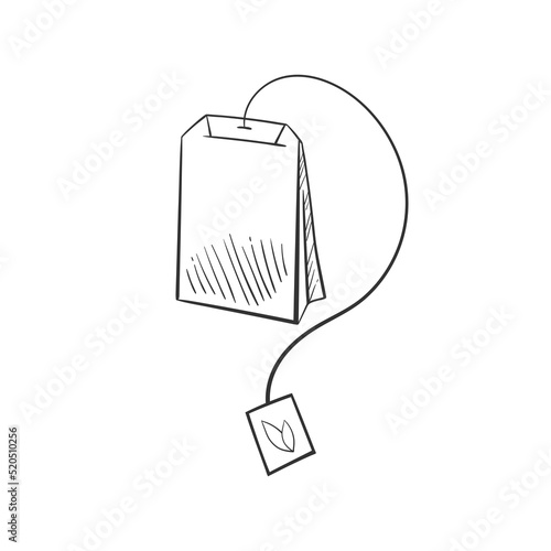 Tea bag in doodle style, vector illustration. Icon teabag for print and design. Isolated element on white background, hand drawn sketch. Organic food and drink concept