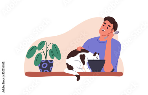 Happy person, pet owner having meal, stroking cute funny cat eating food from human lunch bowl. Breakfast of man and kitty. Flat graphic lifestyle vector illustration isolated on white background