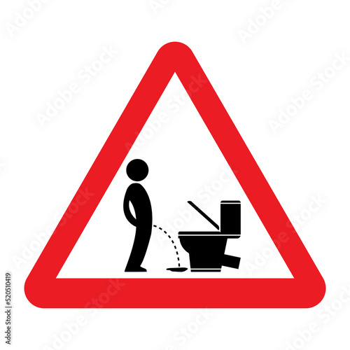 Peeing on the floor sign. Vector illustration of red triangle warning sign with man pissing on the floor. Urinating symbol isolated on background. Caution symbol. Pee sticker. Keep toilet clean.