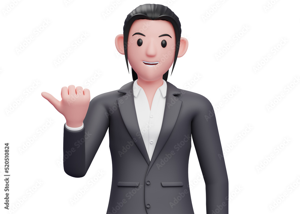 business girl in formal suit pointing with thumb aside looking at the camera, 3D render business woman pointing illustration business girl in formal suit pointing with thumb aside looking at the camera, 3D render business woman pointing illustration