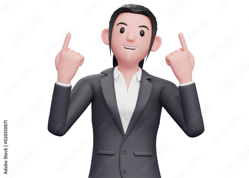 business woman in formal suit raises both fingers and looks up, business woman in formal suit pointing illustration business woman in formal suit raises both fingers and looks up, business woman in formal suit pointing illustration
