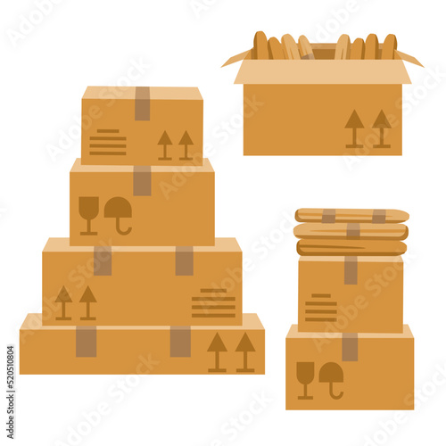Vector illustration in a flat style. Pile of cardboard boxes isolated on white background