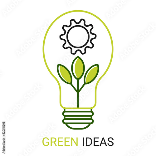 Green Light Bulb with leaf sprout symbol.  ESG, green energy and Sustainable industry. Flat outline icon. Vector Logo Design Illustration.