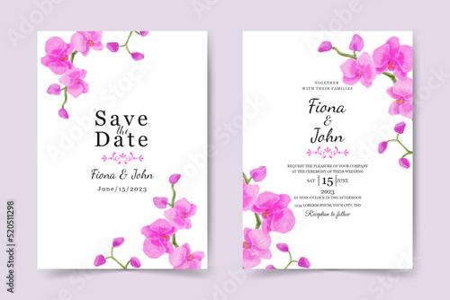 wedding invitation card template. beautiful orchid flower watercolor