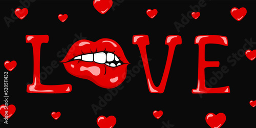LOVE inscription. Lips and hearts. Vector illustration.