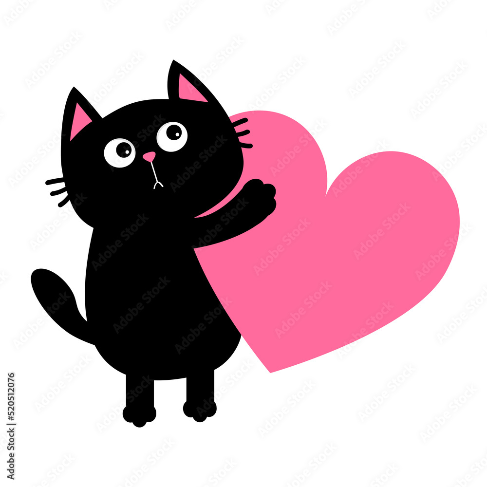 Cat kitten kitty holding big pink heart. Happy Valentines Day. Cute cartoon kawaii funny animal character head face. Flat design. Love card. Sticker print. White background. Isolated.