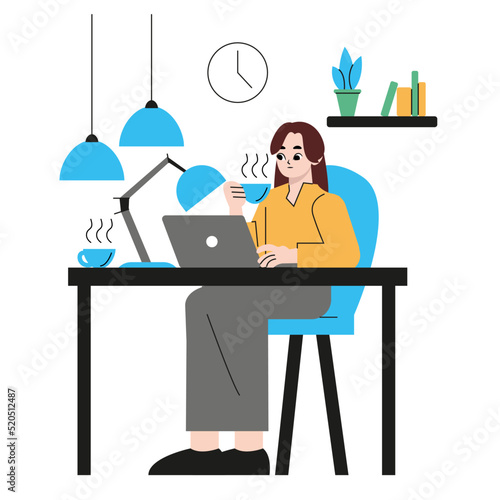 Home office concept, woman working from home, student or freelancer. Cute vector illustration in flat style