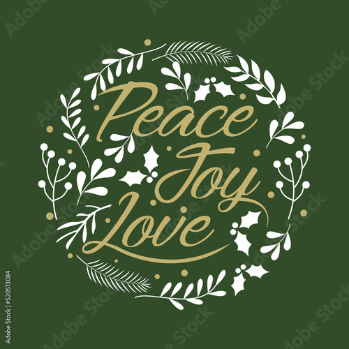 christmas card with christmas lettering peace, jpy, love and wreath