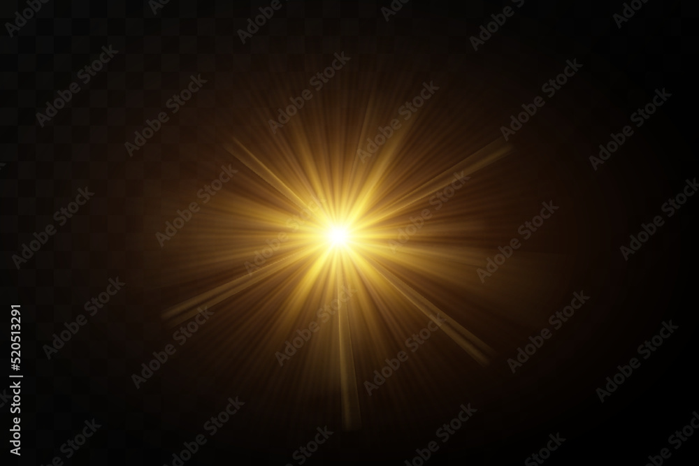 Shining golden stars isolated on black background. Effects, glare, lines, glitter, explosion, golden light. Vector illustration