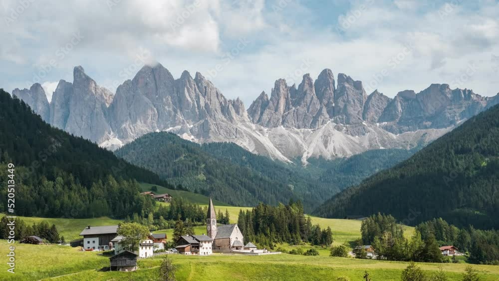 time lapse of world famous landscape of the Dolomites as seen from Val de funes in Italian alps time lapse of world famous landscape of the Dolomites as seen from Val de funes in Italian alps