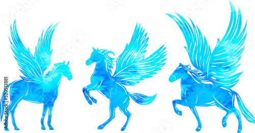 silhouette pegasus blue watercolor on white background isolated