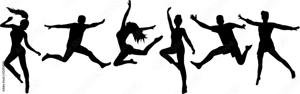silhouette people jumping black on white background isolated, vector